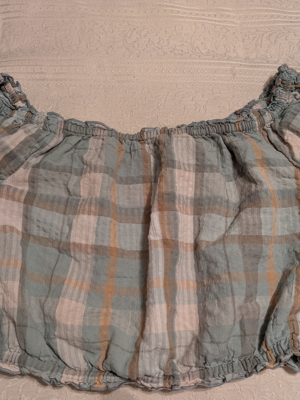 American Eagle Outfitters Sage, Cream & Tan Plaid Off-Shoulder Top
